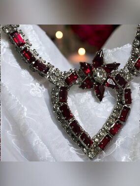 Vintage Red & Clear Prong-Set Rhinestone Heart Statement Necklace